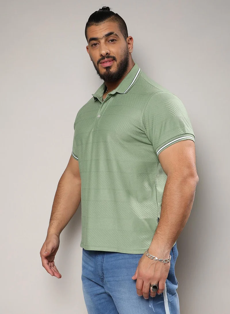 Instafab Plus Men's Olive Green Self-Design Horizontal Striped T-Shirt